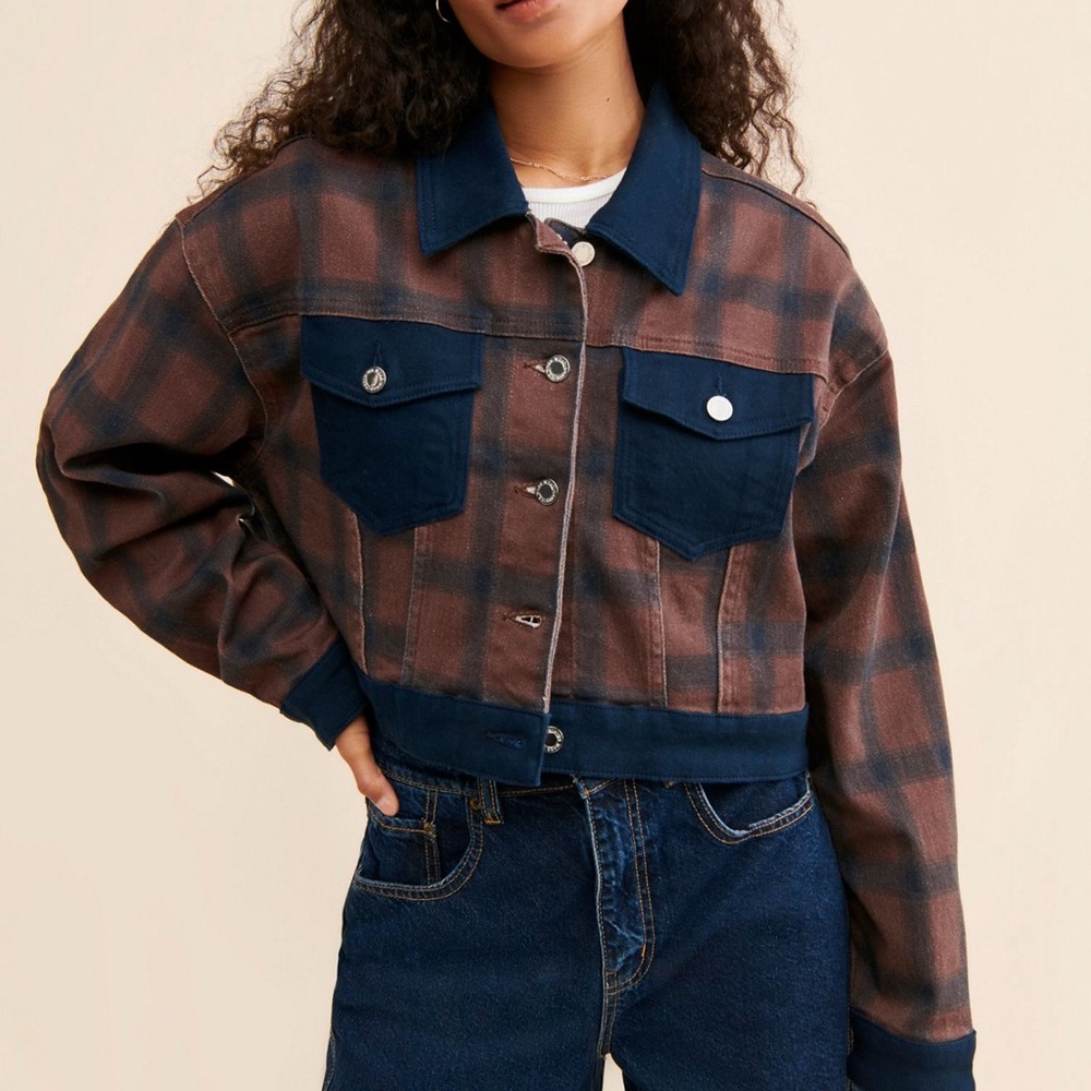 WeWoreWhat Plaid Jean Jacket in Brown and Navy